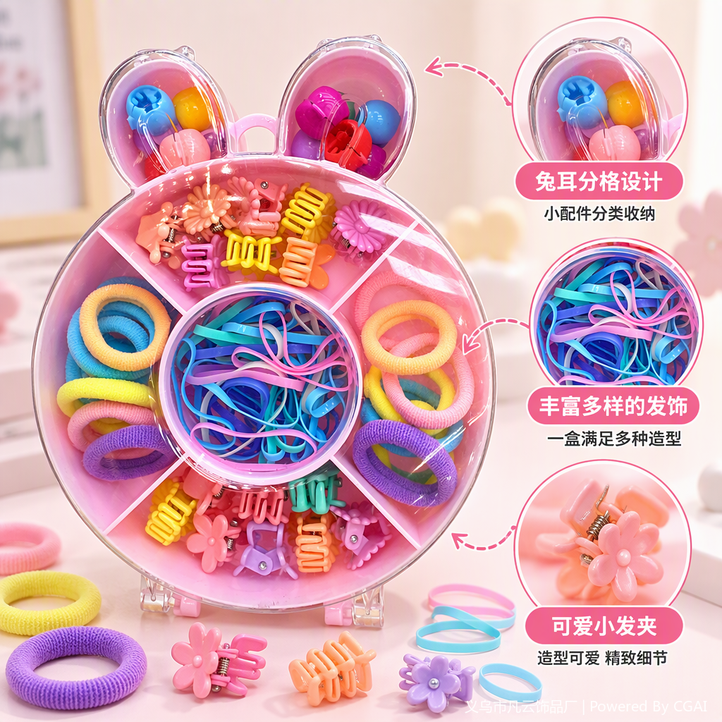 粉色兔子造型收纳盒儿童发饰套装可爱整理盒宝宝发夹发圈收纳箱女孩礼物