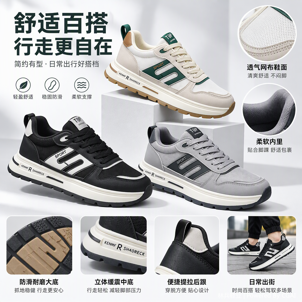 Three pairs of men's mesh sports shoes, casual running shoes, men's breathable and lightweight sports shoes, available in beige, gray, blue and black styles