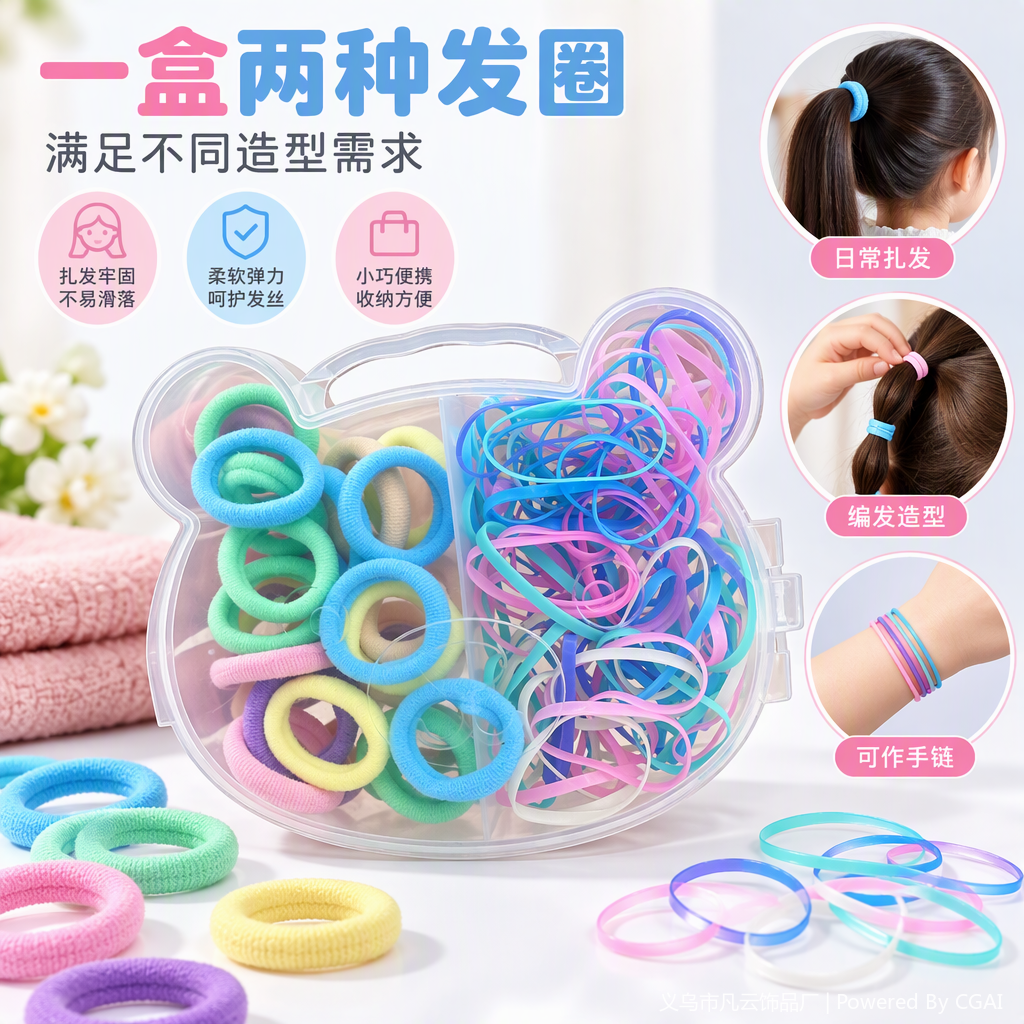 彩色发圈套装配透明熊形收纳盒儿童发饰整理收纳用品多色可爱款