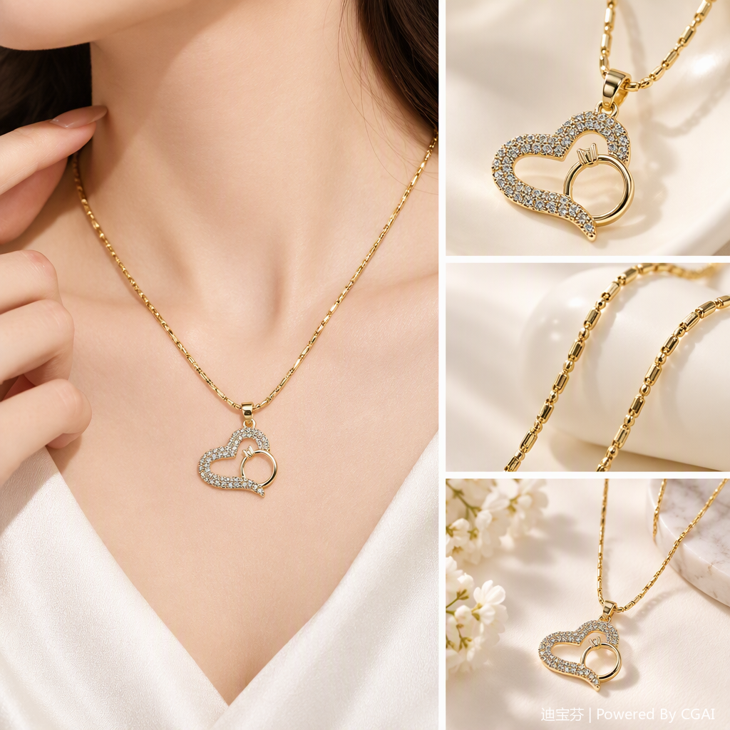 Shining golden heart-shaped diamond necklace, simple and fashionable Korean style necklace for women, as a gift and couple accessory Shining golden heart-shaped diamond necklace, simple and fashionable Korean style necklace for women, as a gift and couple accessory