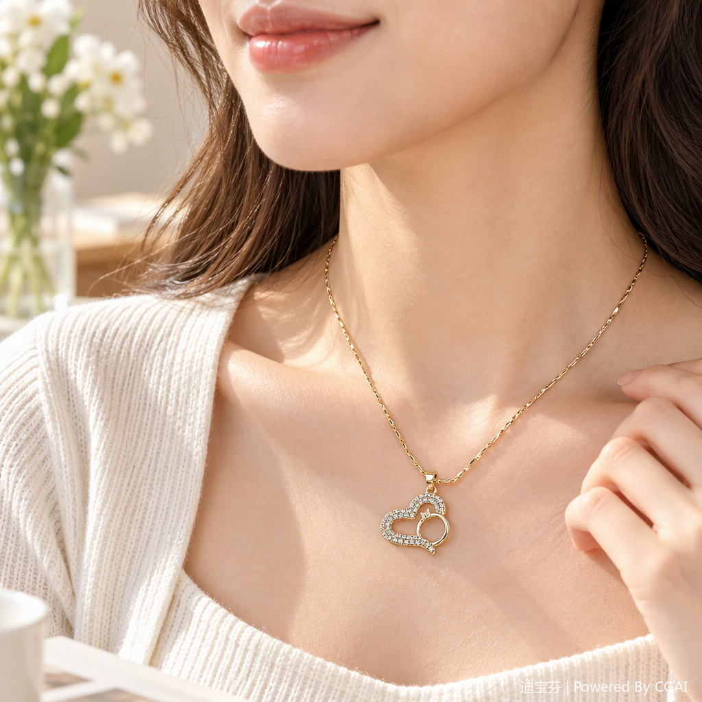 Shining golden heart-shaped diamond necklace, simple and fashionable Korean style necklace for women, as a gift and couple accessory details Picture