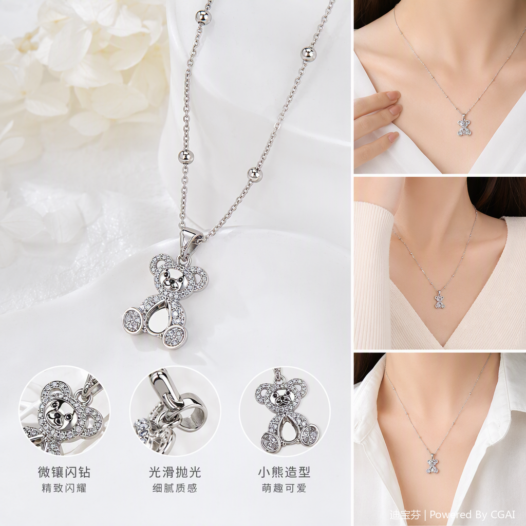 Plata con diamantes cute bear colgante collar moda versátil mujer joyería regalo
