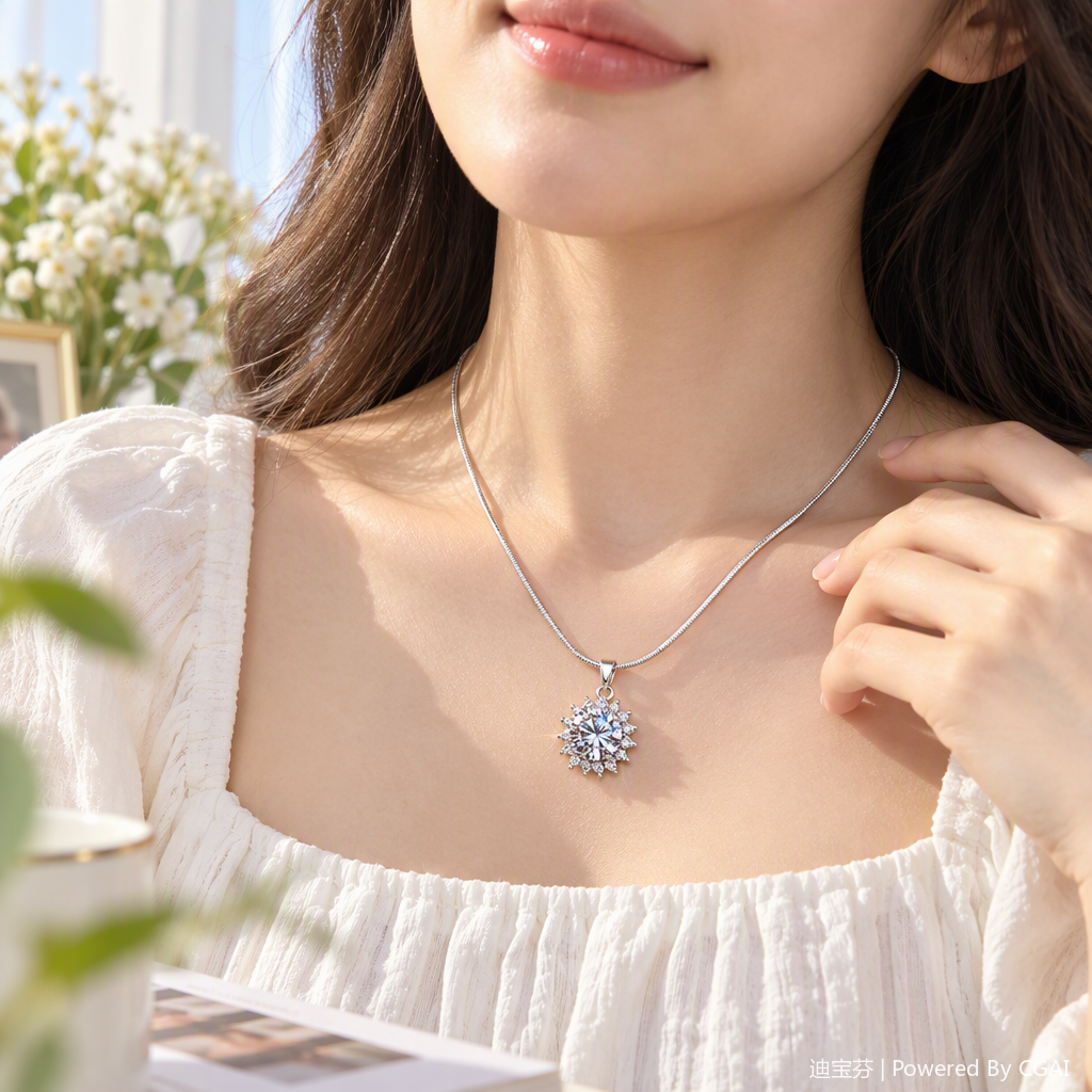 Silver S925 fashionable necklace, snowflake crystal pendant, simple and versatile women's accessory gift details Picture