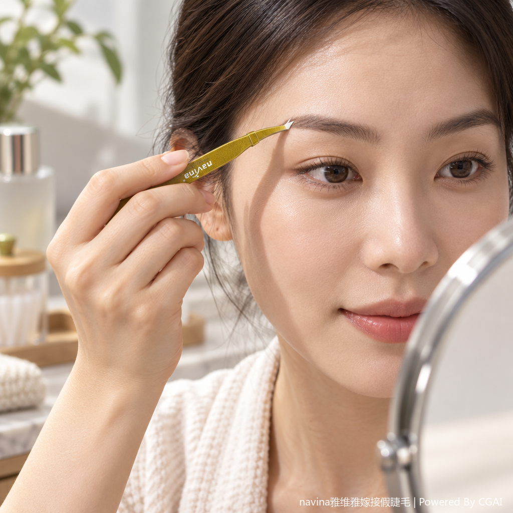 Золотистый пинцет для ресниц "Navina PT-7" с тонким набором косметики details Picture