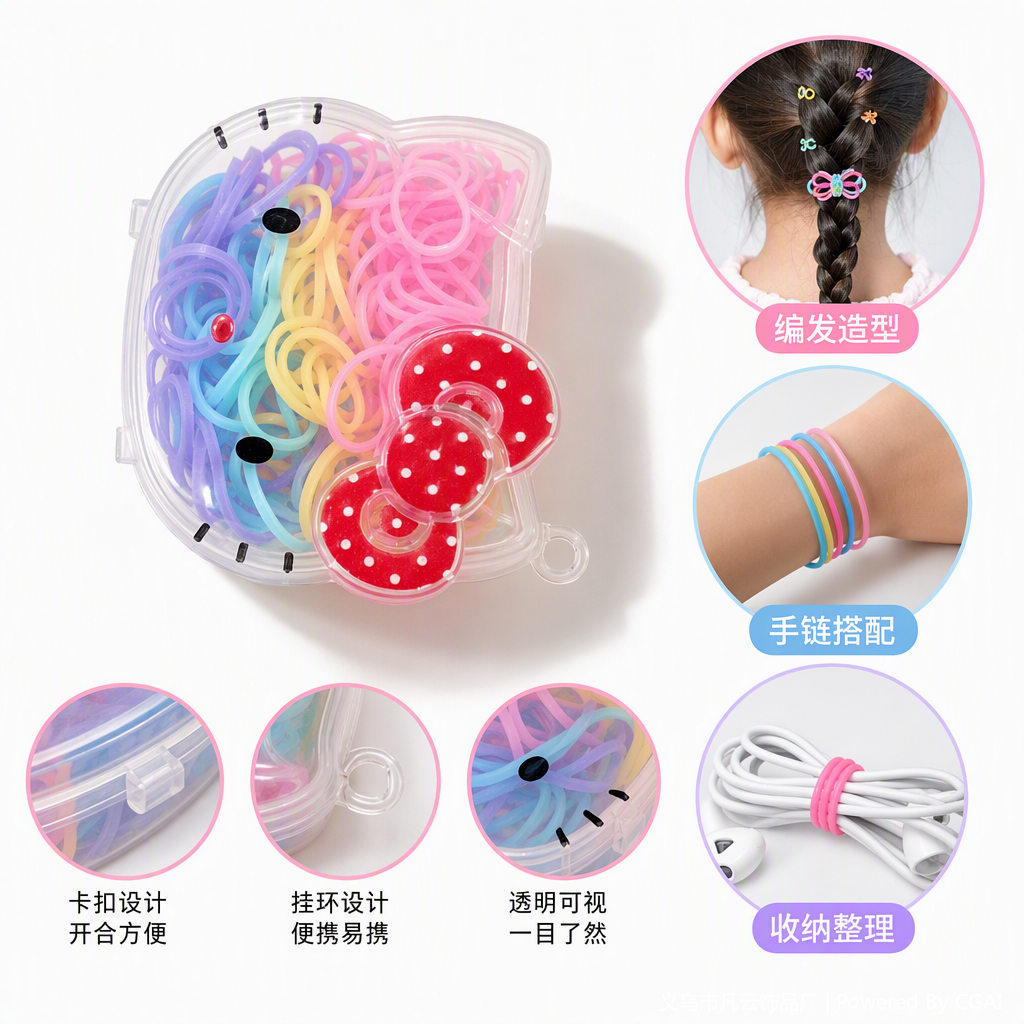 Hello Kitty造型透明塑料收纳盒装彩色橡皮筋儿童文具用品整理夹子