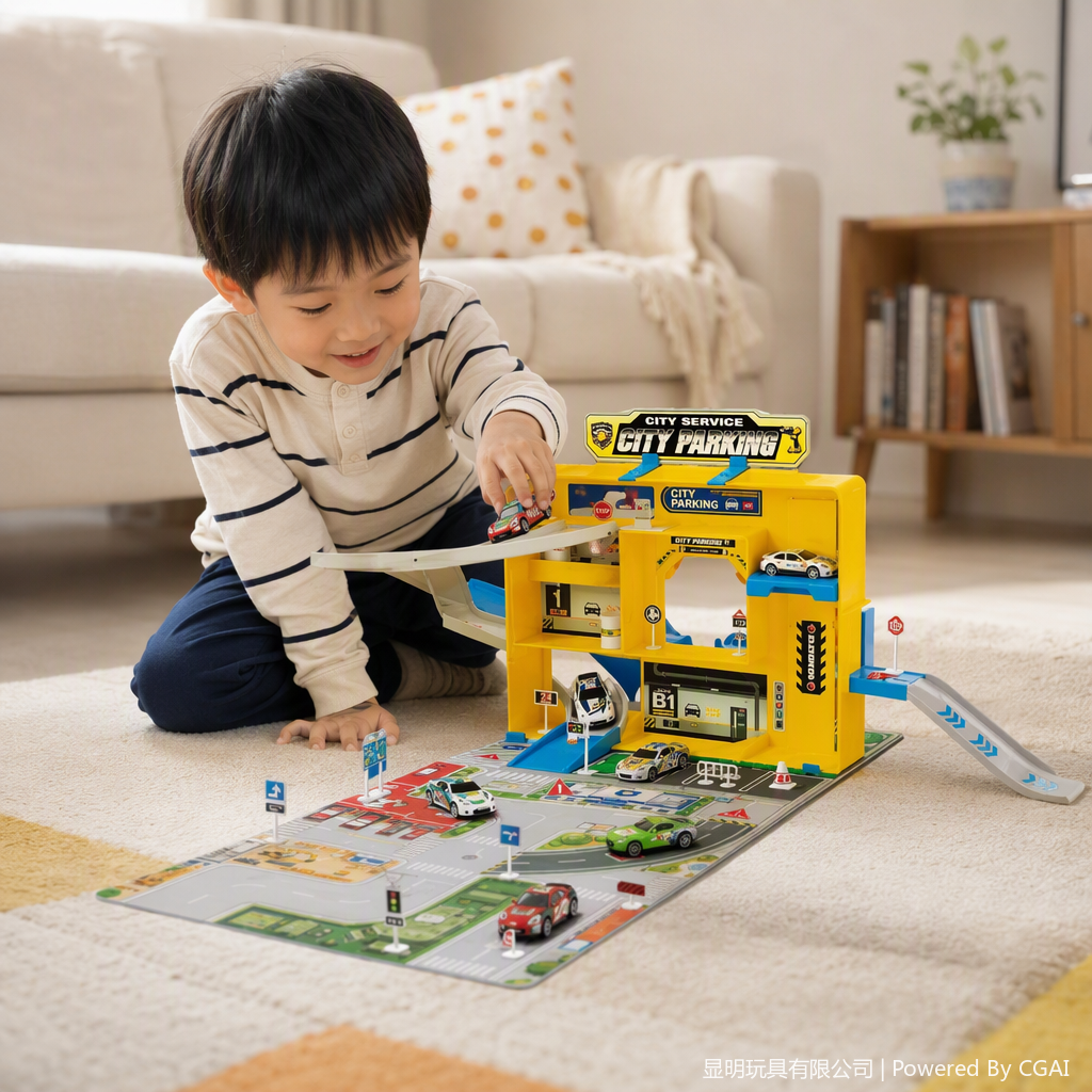 Multi-level three-dimensional parking lot model, urban parking lot toy set, children's educational assembly, fun simulation scene details Picture