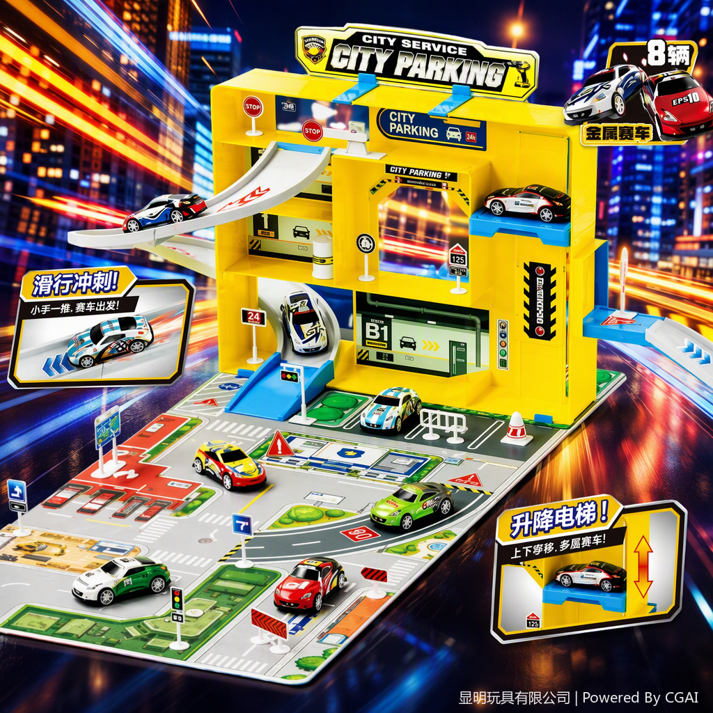 Multi-level three-dimensional parking lot model, urban parking lot toy set, children's educational assembly, fun simulation scene Specification image