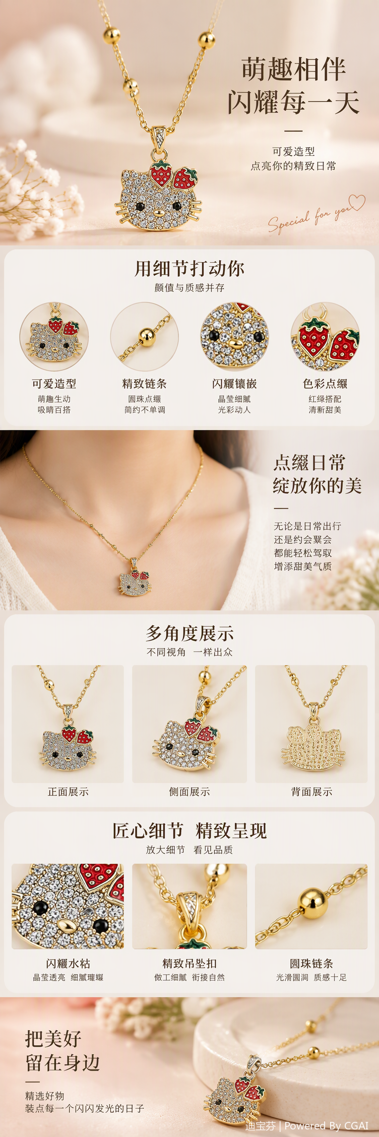 Golden chain diamond-encrusted strawberry Hello Kitty pendant necklace, fashionable, sweet and versatile gift jewelry pic 1