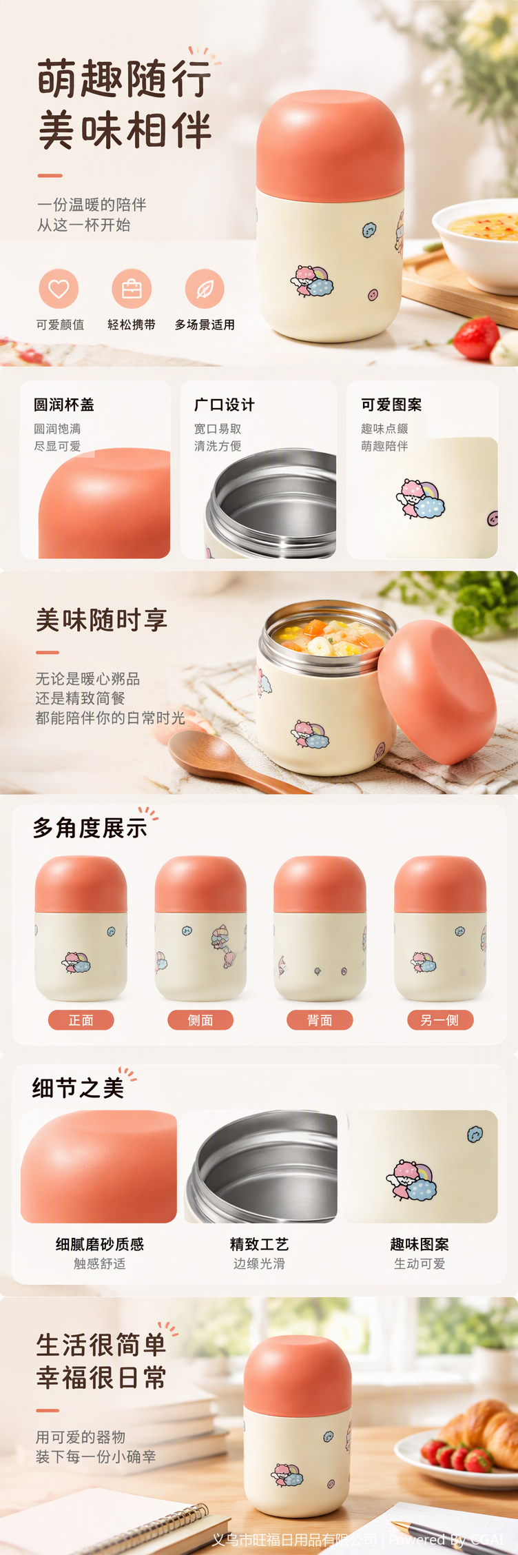 Daily necessities insulated cups, pink LIDS, beige cartoon stickers, insulated titanium cups, car aluminum cups, portable heat-insulating cups pic 1