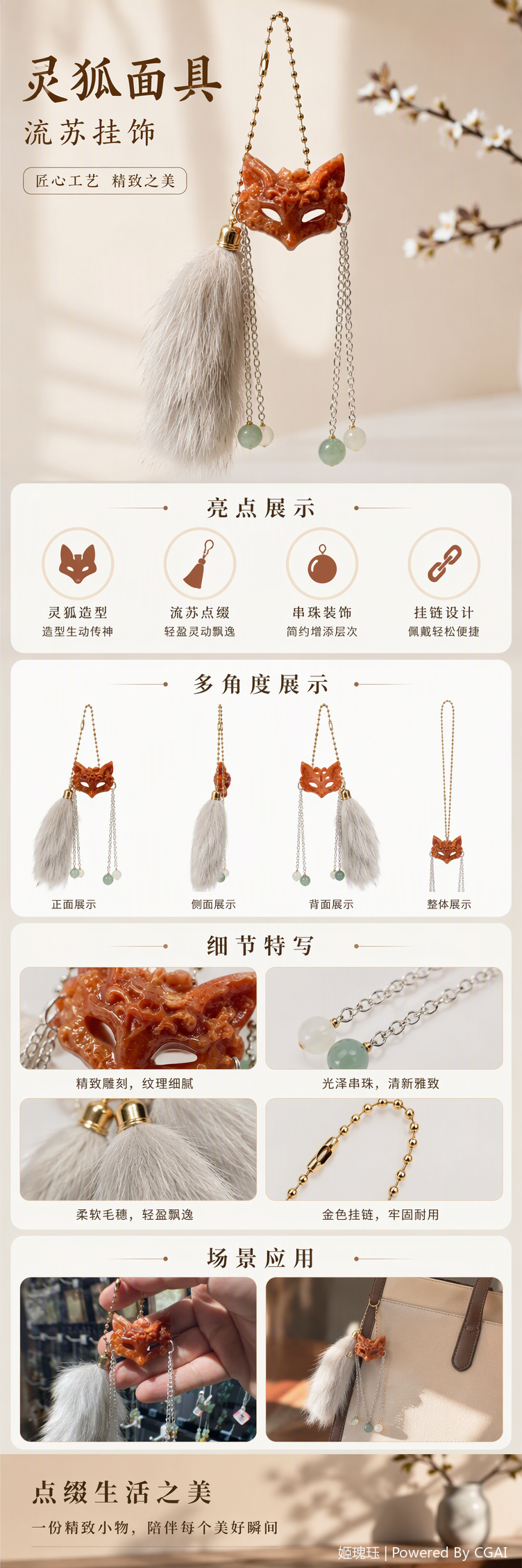 时尚简约狐狸面具岫玉挂饰包挂手机挂车载挂饰百搭饰品配饰品直播间送礼礼品详情1