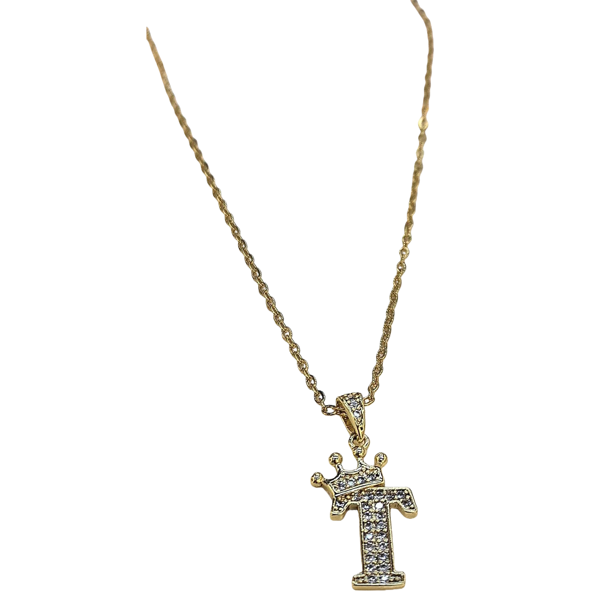 This golden diamond-encrusted letter T-crown necklace is a fashionable and versatile women's gift, accessory and jewelry Item Picture