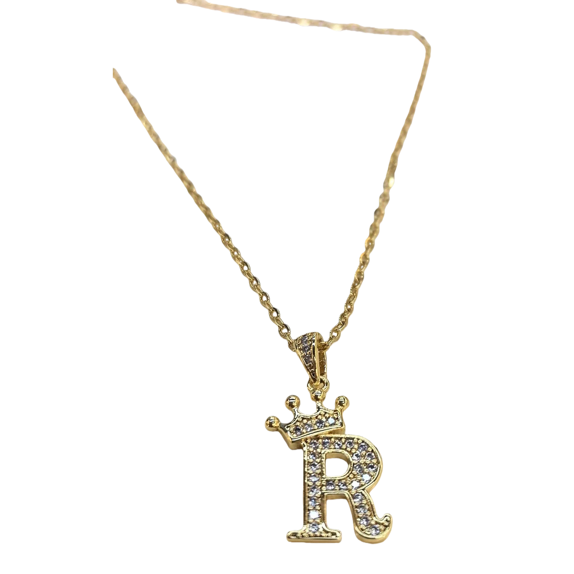 A golden diamond-encrusted crown letter R pendant necklace, a fashionable and versatile ladies' accessory gift for your girlfriend Item Picture