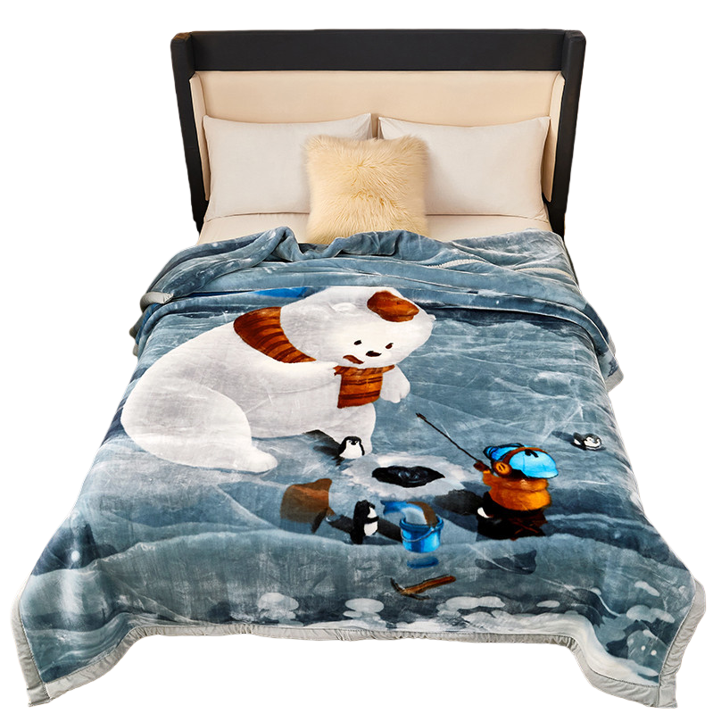 Polar bear cartoon fishing scene blanket, duvet cover, printed striped two-color striped grey polyester tassel sofa cover blanket Item Picture