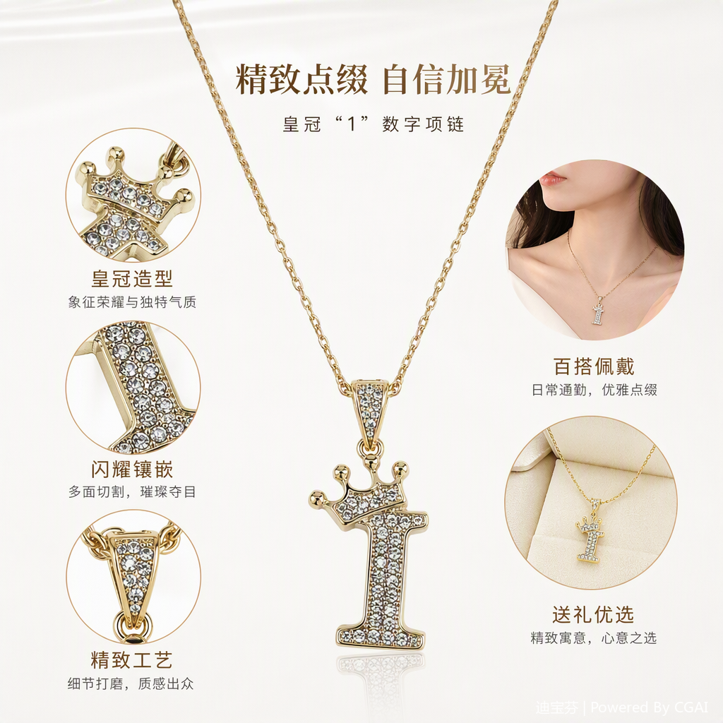 Golden diamond-encrusted crown letter I pendant necklace, fashionable, simple and versatile gift, trendy accessory for women