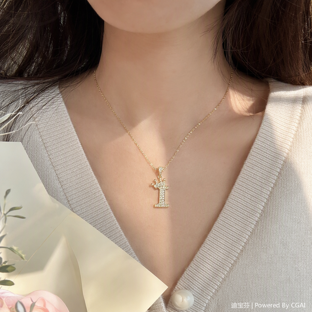 Golden diamond-encrusted crown letter I pendant necklace, fashionable, simple and versatile gift, trendy accessory for women details Picture