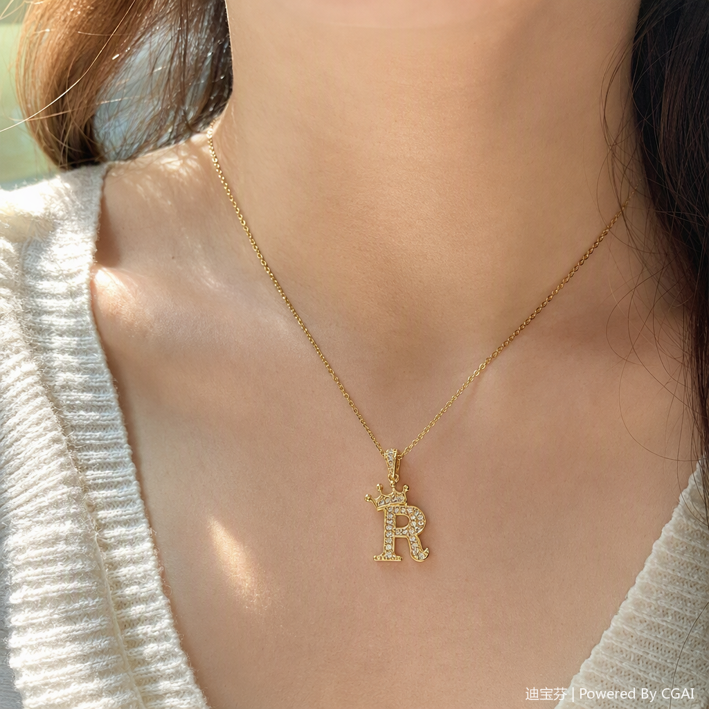 A golden diamond-encrusted crown letter R pendant necklace, a fashionable and versatile ladies' accessory gift for your girlfriend details Picture