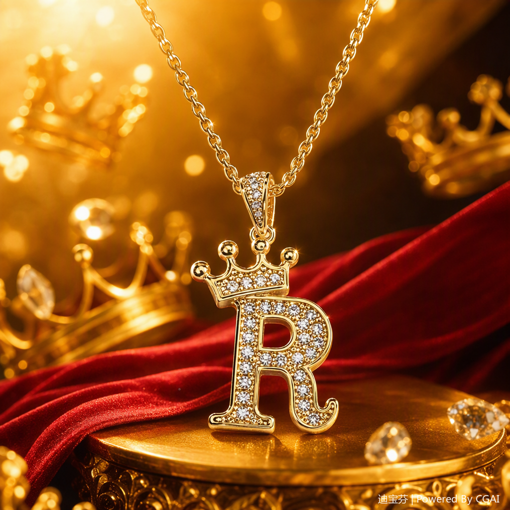 A golden diamond-encrusted crown letter R pendant necklace, a fashionable and versatile ladies' accessory gift for your girlfriend Specification image