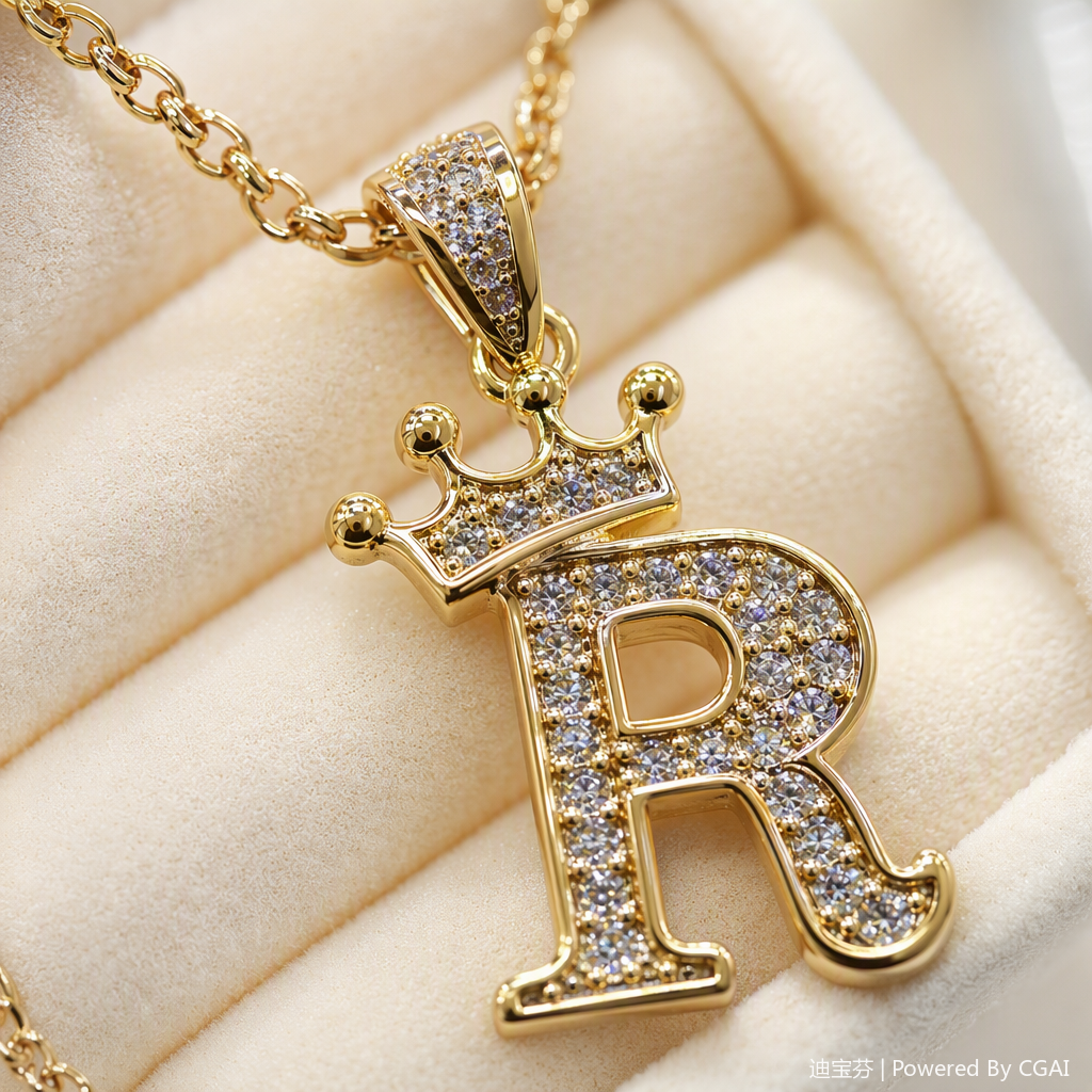 A golden diamond-encrusted crown letter R pendant necklace, a fashionable and versatile ladies' accessory gift for your girlfriend Application Scenario