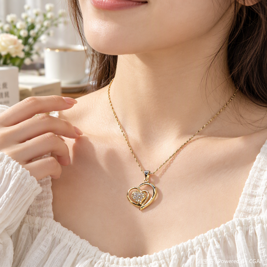 A golden double-heart diamond necklace, a fashionable and versatile elegant accessory for women, is a perfect gift for your girlfriend details Picture