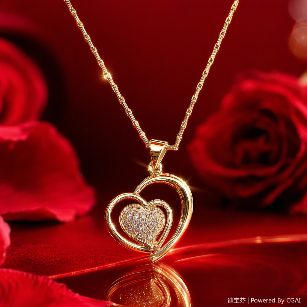 A golden double-heart diamond necklace, a fashionable and versatile elegant accessory for women, is a perfect gift for your girlfriend Specification image