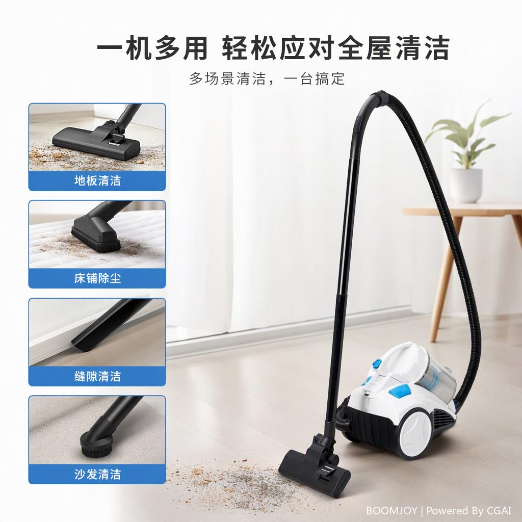 The multi-color body horizontal vacuum cleaner with a black hose suction head features a powerful household cleaning and portable design