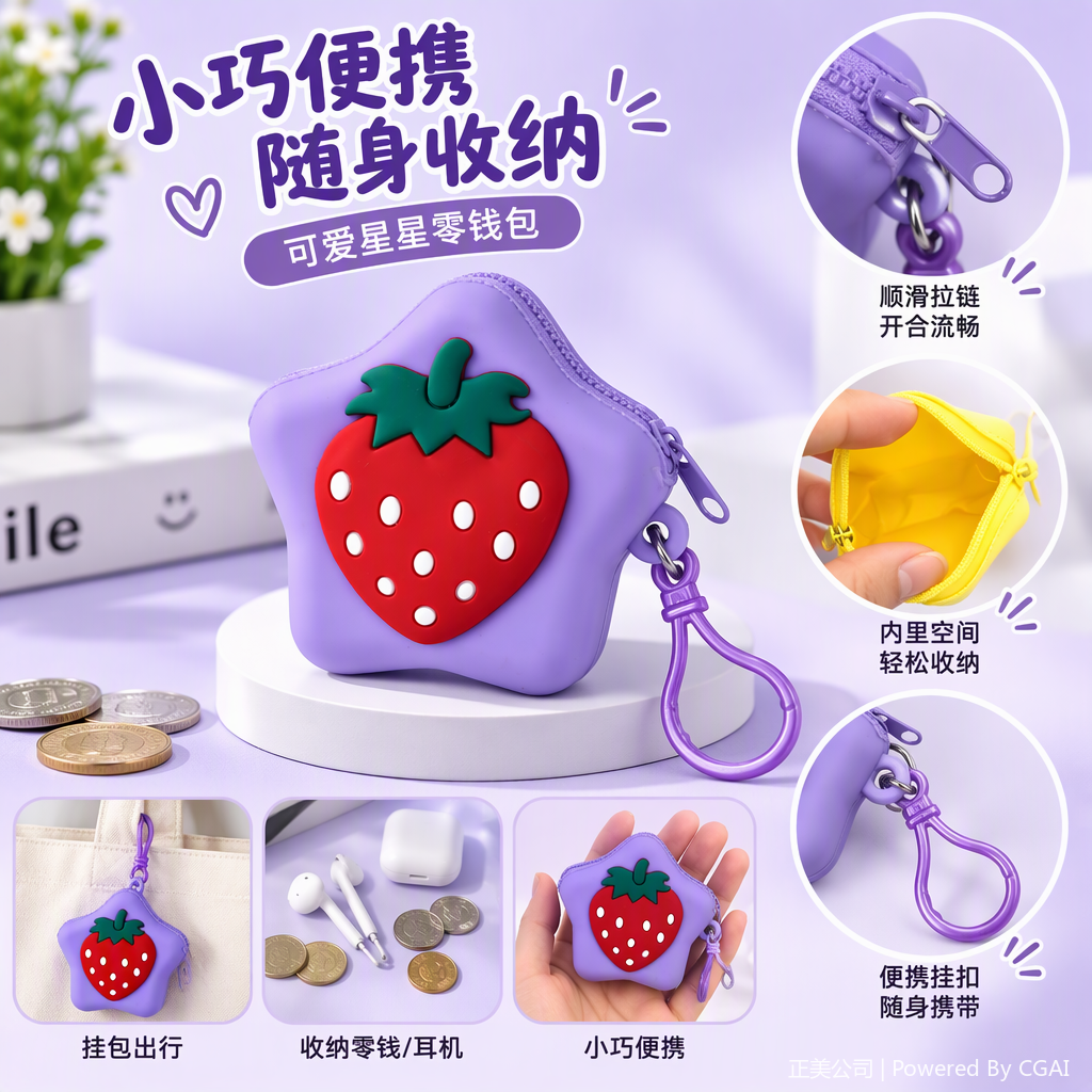 多款可爱星形硅胶零钱包西瓜柠檬仙人掌冰淇淋草莓图案多色潮流收纳包