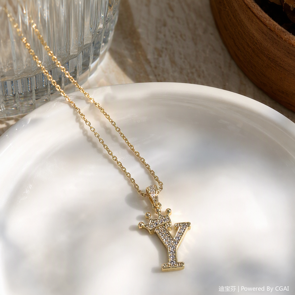 A golden diamond-encrusted letter Y crown-shaped necklace, a fashionable and versatile women's accessory, as a gift details Picture