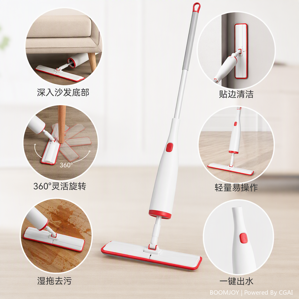 The rotary flat microfiber mop with white and red accents is a household floor cleaning wonder