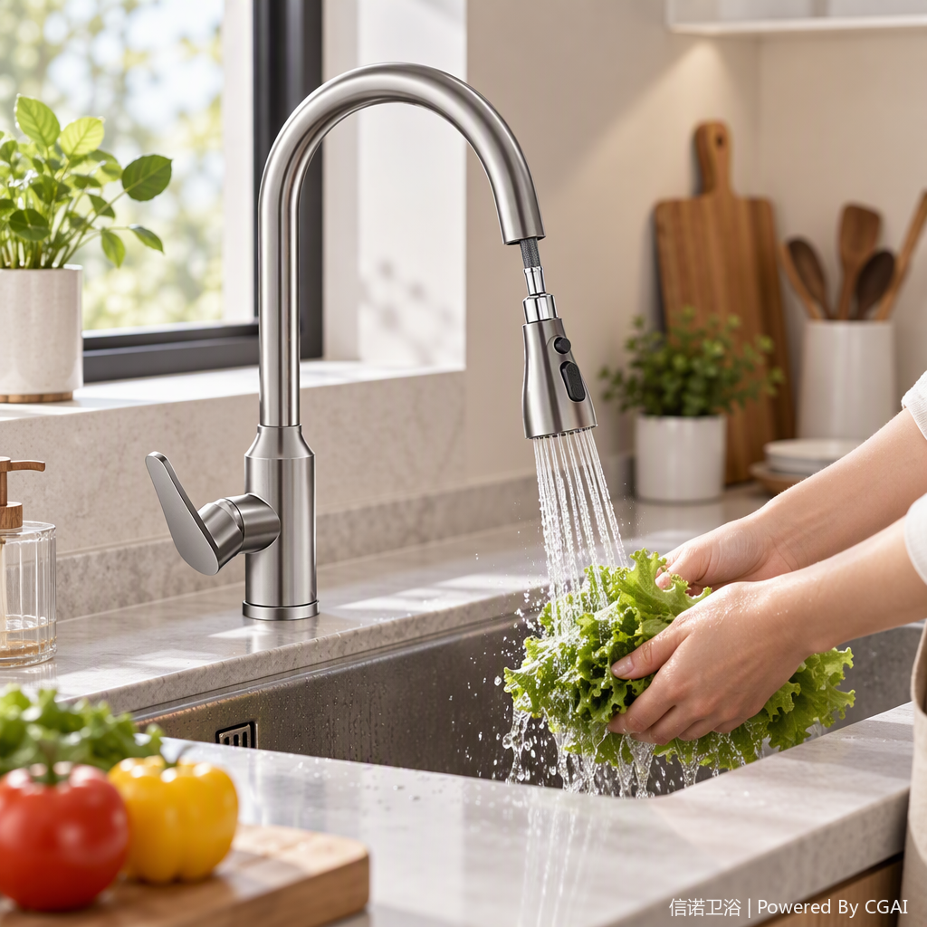 Multi-functional kitchen faucet, stainless steel rotating hot and cold water faucet, kitchen vegetable and dish washing faucet, home decoration hardware accessories Application Scenario