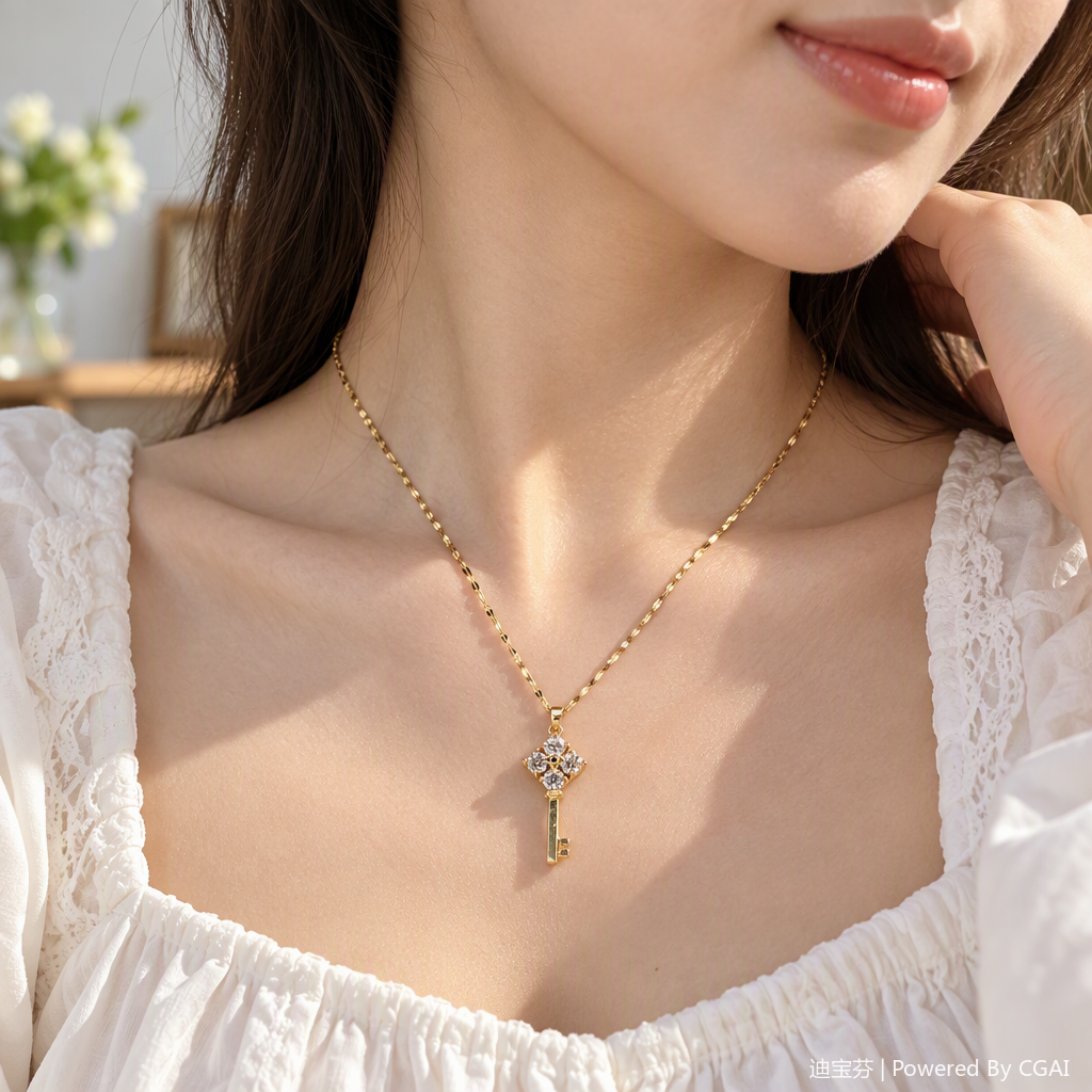A simple and versatile women's accessory gift with a golden key-shaped diamond-encrusted pendant necklace details Picture