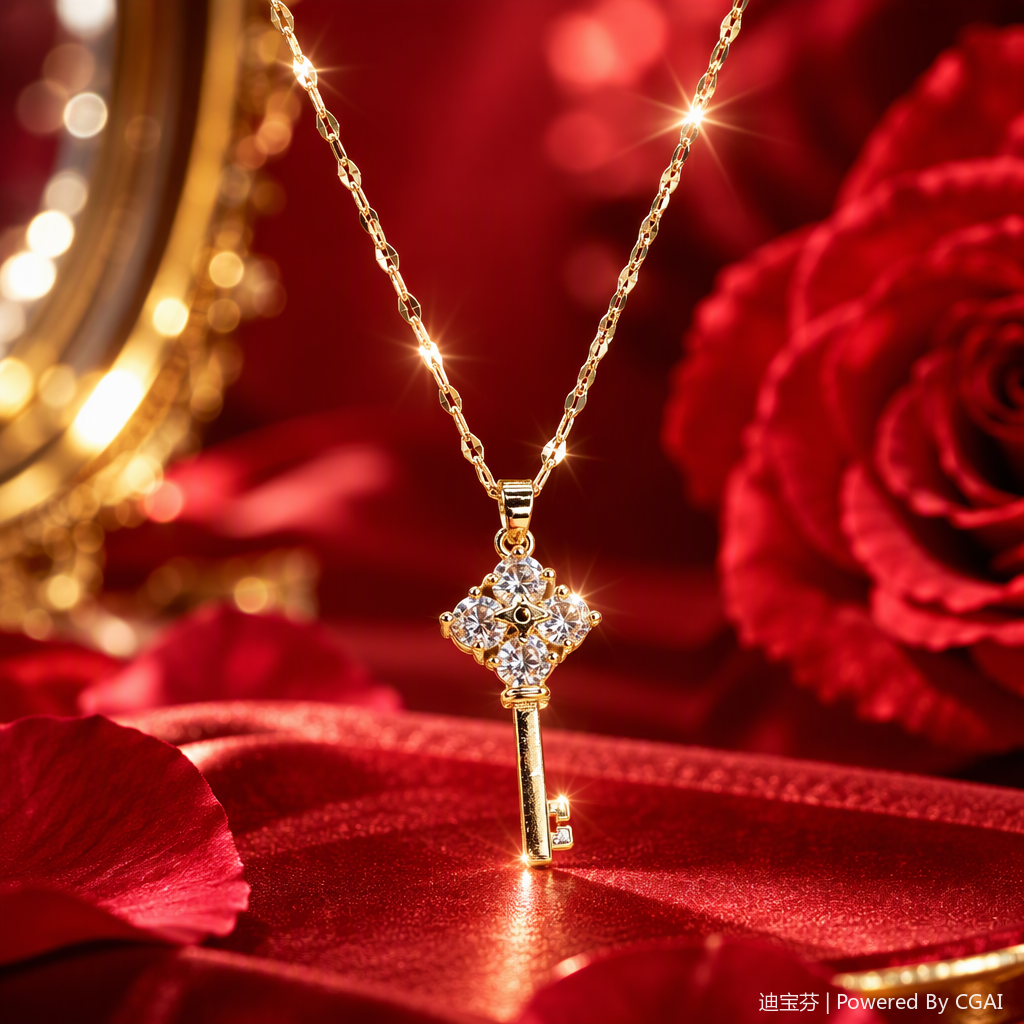 A simple and versatile women's accessory gift with a golden key-shaped diamond-encrusted pendant necklace Specification image