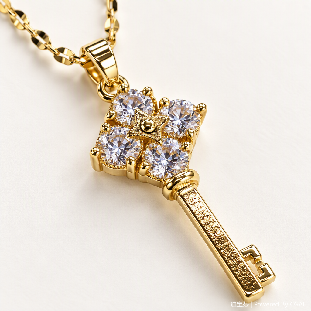 A simple and versatile women's accessory gift with a golden key-shaped diamond-encrusted pendant necklace Application Scenario