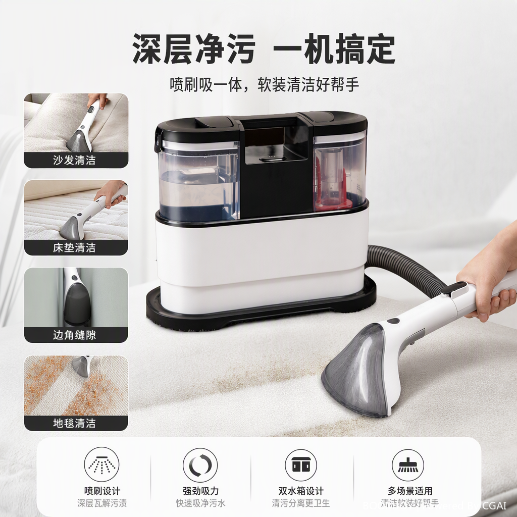 The multi-functional steam cleaner is white and black in color, suitable for deep cleaning at home, and can be used for both dry and wet purposes with high efficiency in sterilization