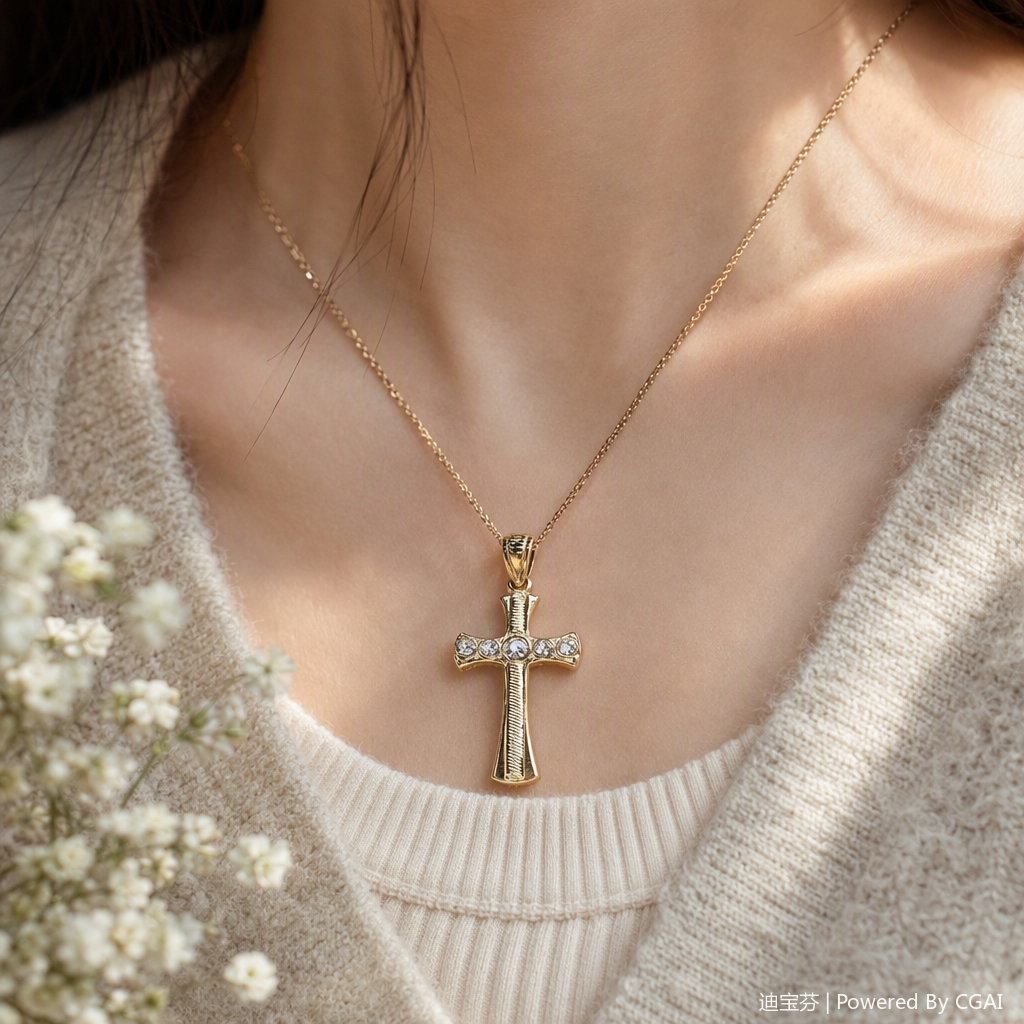 A fashionable golden diamond-encrusted cross necklace, a simple and versatile Korean pendant accessory for your girlfriend details Picture