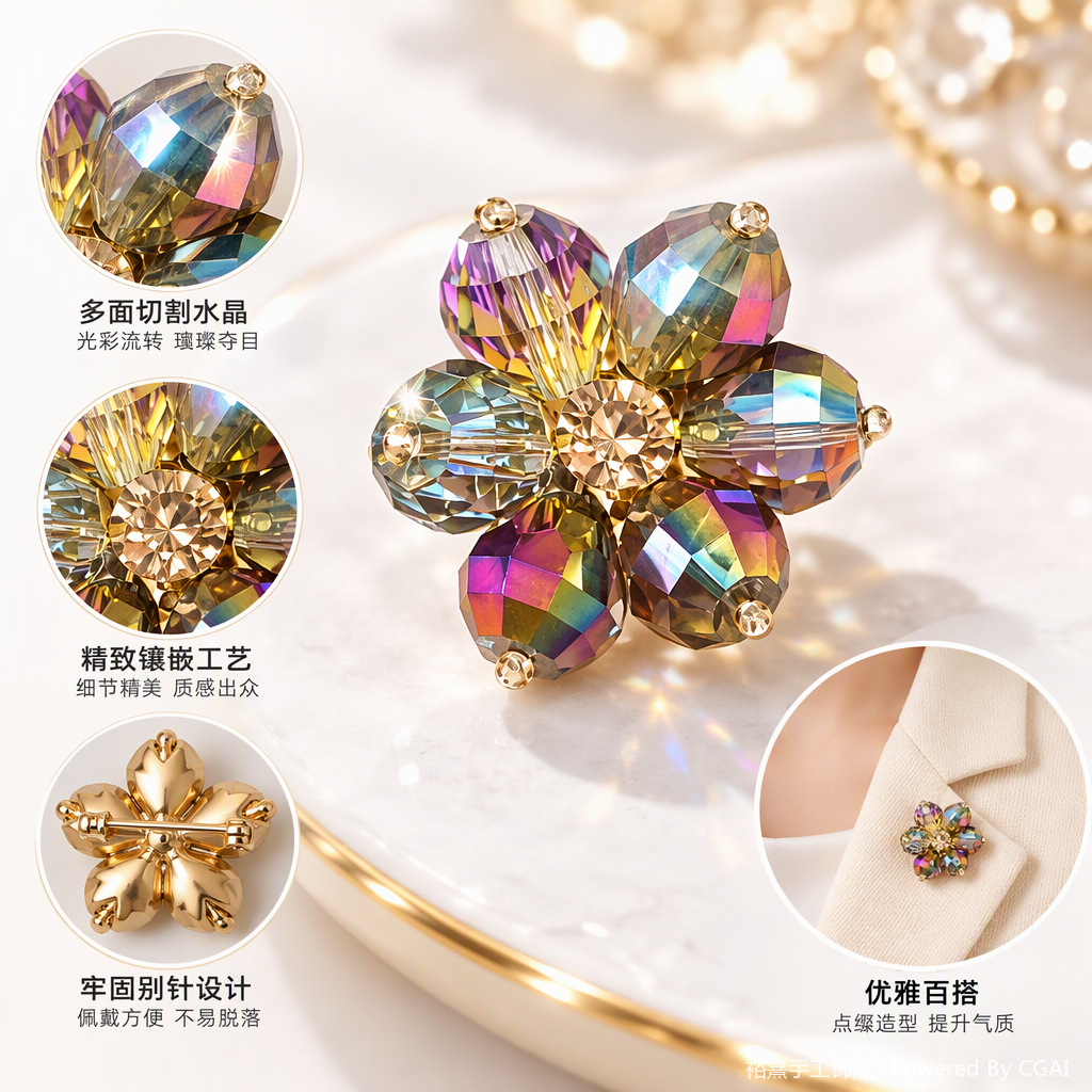 彩虹幻彩水晶花朵胸针时尚别致多彩饰品女配饰礼品
