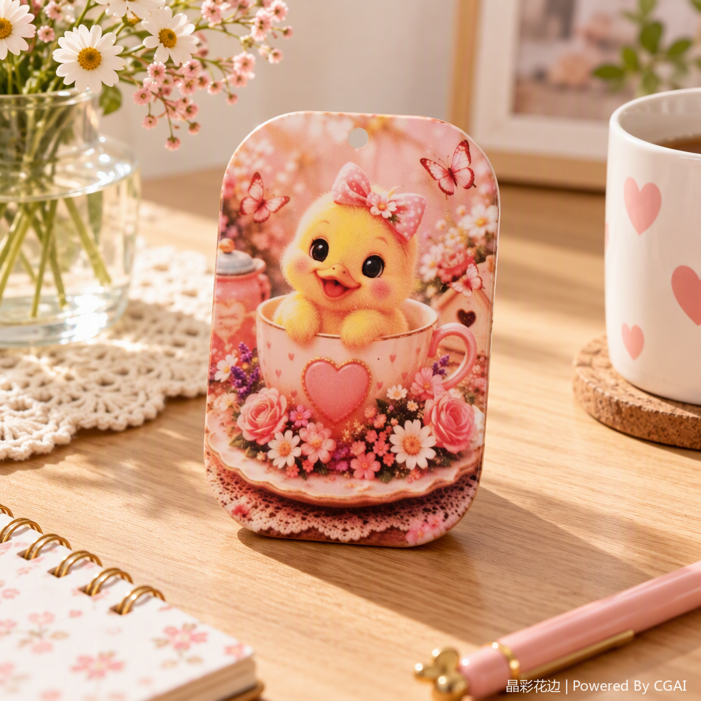 Adorable pequeño pato amarillo dibujos animados adornos colgantes corazón rosa tazas de té accesorios adorables decoraciones creativas regalos para niños details Picture