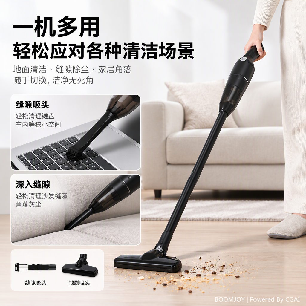 The black cordless handheld vacuum cleaner K908 is a powerful, portable household vacuum cleaner that is lightweight, quiet and rechargeable. It is a cleaning wonder
