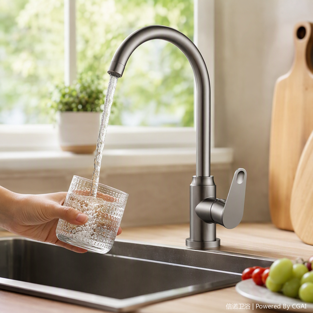الصنبور المياه الساخنة والباردة والمبسطة الحديثة المستخدمة في خزانات المياه في المطبخ هي مصنوعة من الفولاذ غير القابل للصدأ، وهي مقاومة للتآكل Specification image