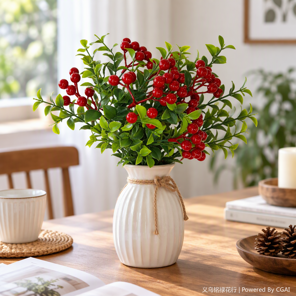 Red berry and green leaf simulated flower bouquets decorate the living room, wedding background wall, home furnishings and creative gifts details Picture