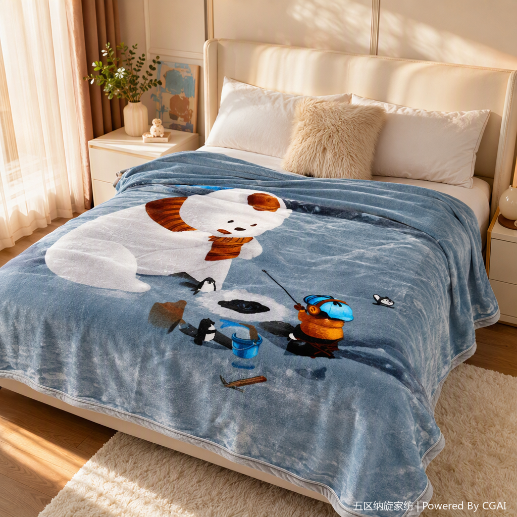 Polar bear cartoon fishing scene blanket, duvet cover, printed striped two-color striped grey polyester tassel sofa cover blanket details Picture