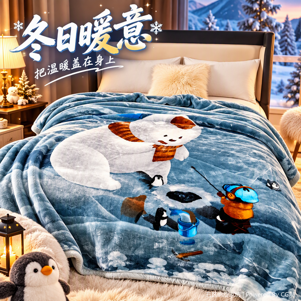 Polar bear cartoon fishing scene blanket, duvet cover, printed striped two-color striped grey polyester tassel sofa cover blanket Specification image
