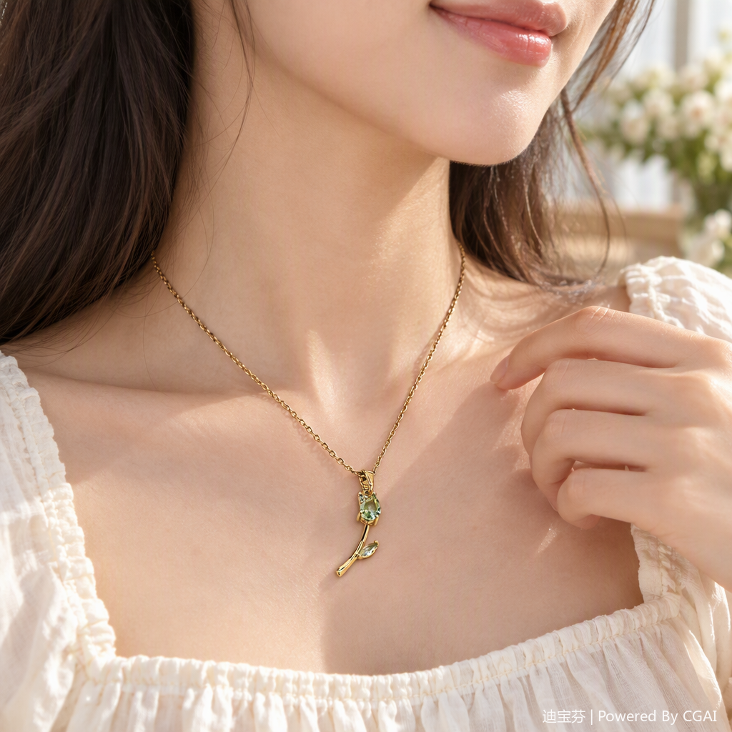 Golden chain emerald flower-shaped pendant necklace, fashionable and versatile women's jewelry gift details Picture