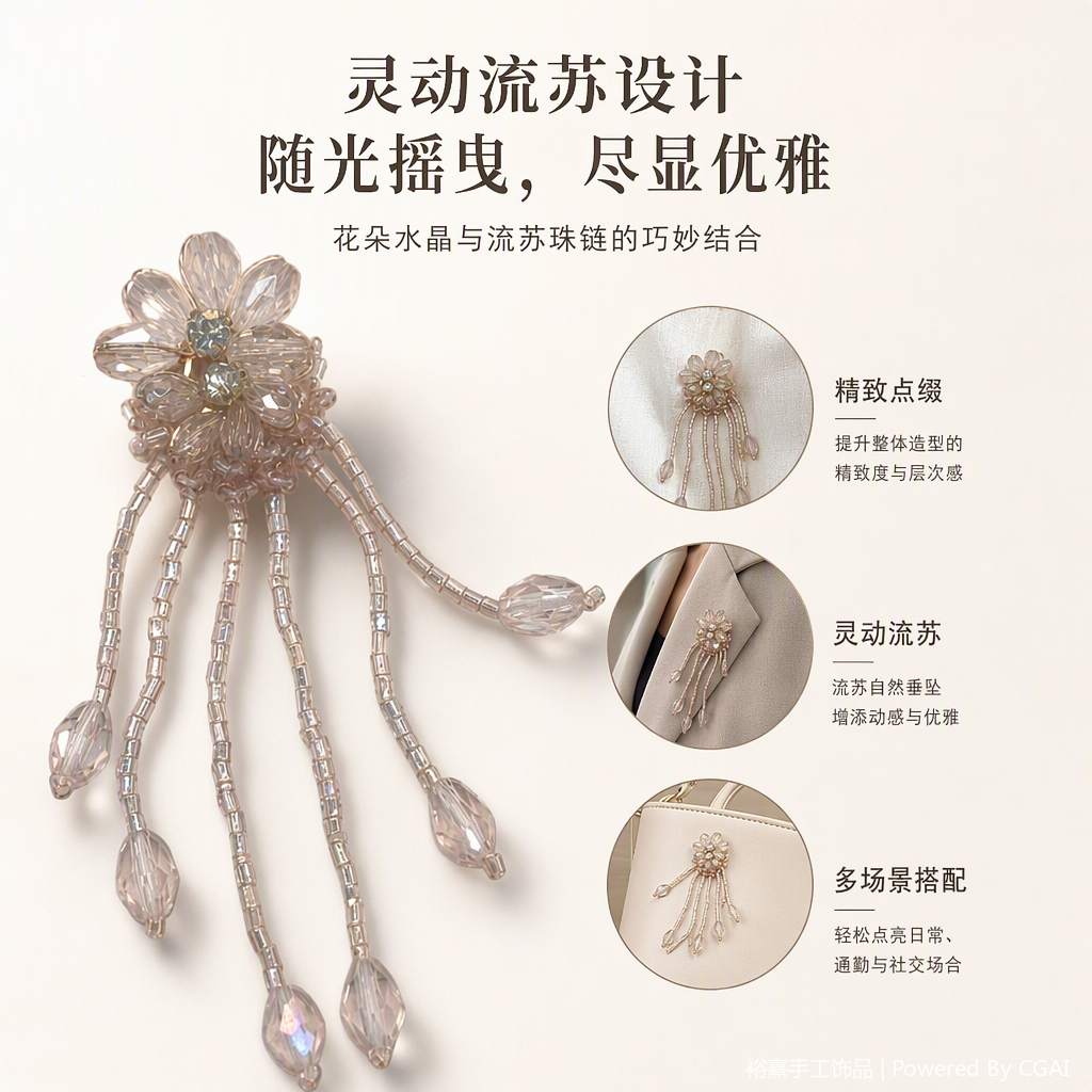 粉色水晶花朵流苏胸针时尚优雅别致饰品配件女款礼品赠送