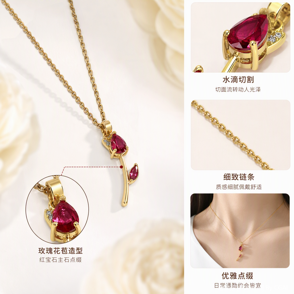 Golden chain rose-shaped ruby pendant necklace, a fashionable and versatile gift jewelry for women