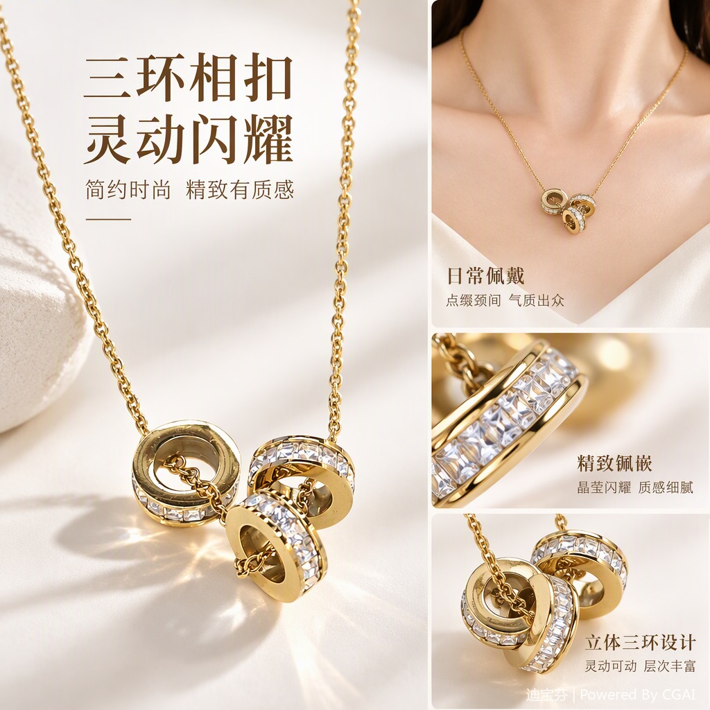 Cadena de oro con diamantes tres anillos colgante collar moda versátil mujer tendencia accesorios regalo para novia