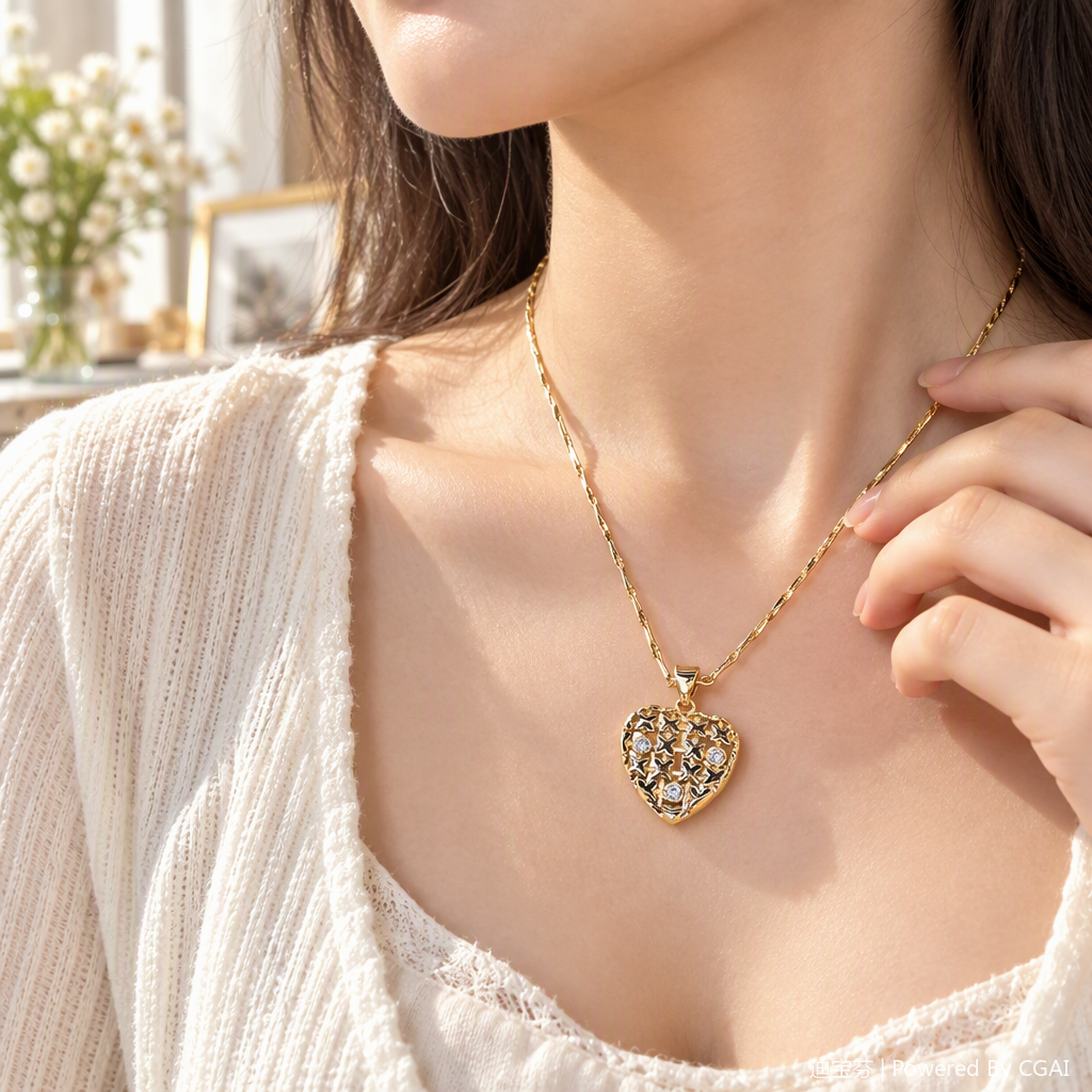 This fashionable golden heart-shaped pendant necklace is a simple and versatile women's necklace accessory. It is elegant and trendy as a gift details Picture