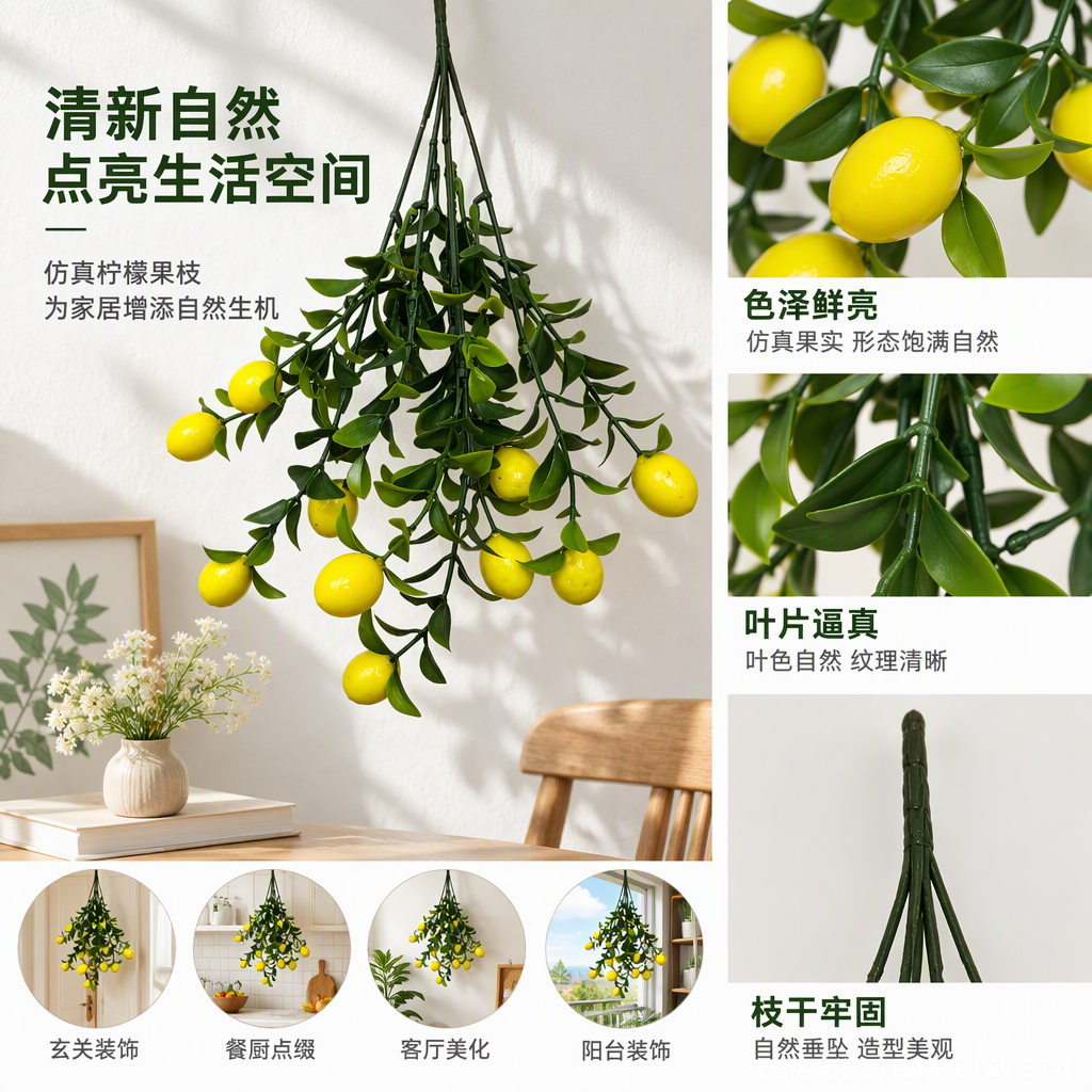 Fruta amarilla realista hoja verde rama pendulo natural para colgar decoración interior simulación planta verde plantación decoración