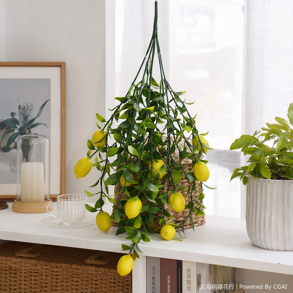 Fruta amarilla realista hoja verde rama pendulo natural para colgar decoración interior simulación planta verde plantación decoración details Picture