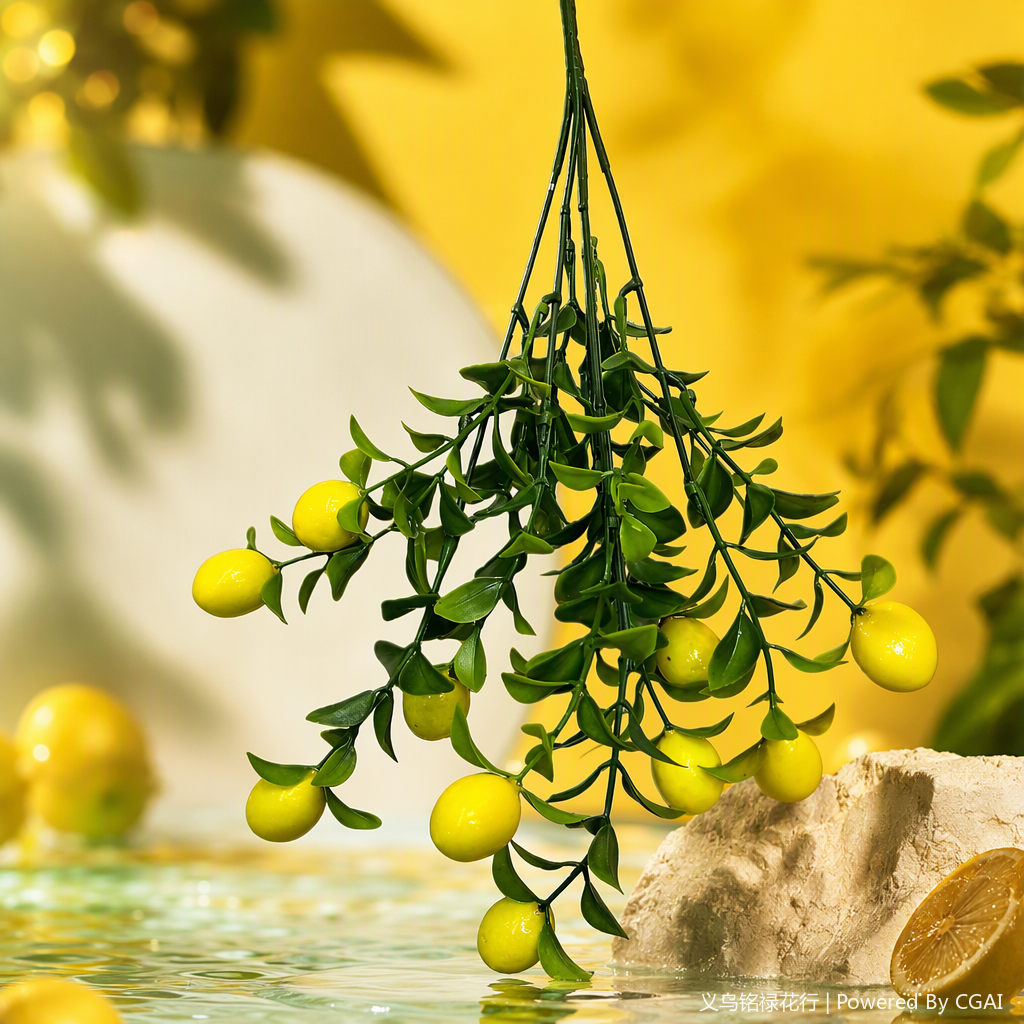 Fruta amarilla realista hoja verde rama pendulo natural para colgar decoración interior simulación planta verde plantación decoración Specification image