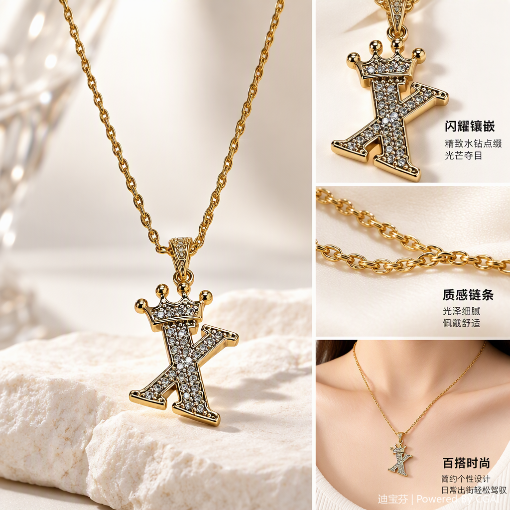 The golden diamond-encrusted crown K-letter pendant necklace is a fashionable, versatile, simple and trendy gift accessory for girls